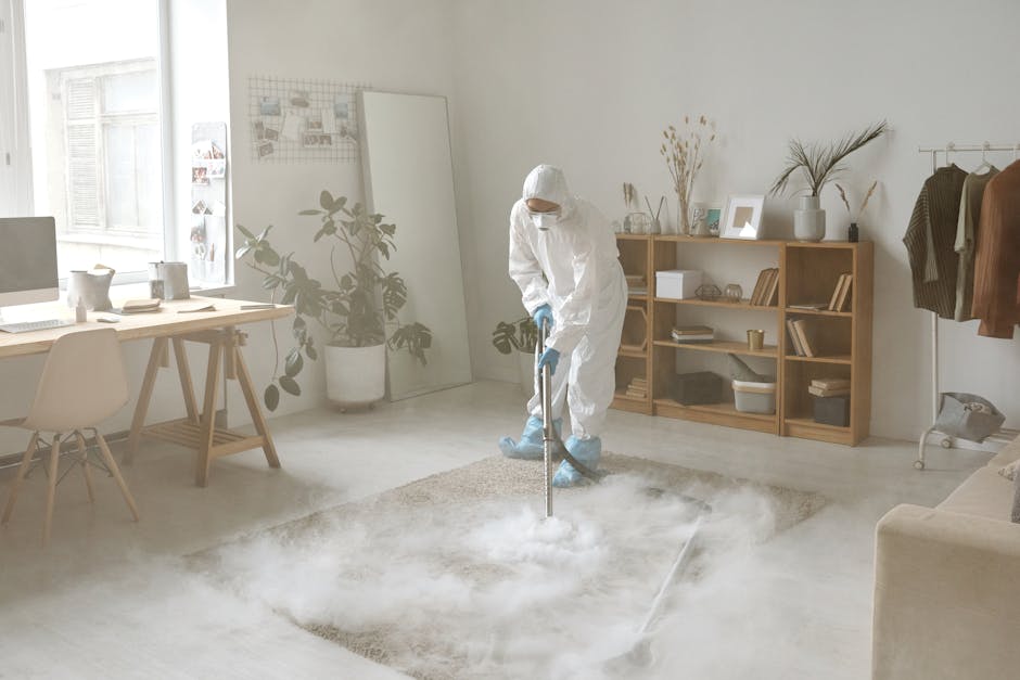 A professional cleaner dressed in full protective gear, including a white hazmat suit, gloves, and a face mask, is performing surface cleaning in a bright, modern living room. The cleaner is using a steam or fogging machine on a light-colored carpet, which appears to be in the process of deep cleaning or sanitisation. The room features natural light coming through large windows, with a wooden desk and chair to the left, a potted plant against the wall, and a wooden shelving unit stocked with books, decorative items, and framed photos on the right. There are clothing items hanging on a rack and a neutral-toned sofa partially visible in the foreground. The clean, minimalist space reflects a focus on hygiene and proper surface maintenance, benefiting from professional domestic cleaning services advertised by cleaners-finchley.com for carpets and general cleaning.