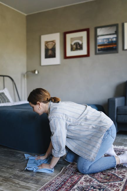 A person performing surface cleaning and vacuuming on a rug using a yellow and black vacuum cleaner, with the person’s hands in motion, holding a cleaning cloth or filter over the vacuum’s open compartment. The scene is indoors with natural lighting, showcasing a patterned rug with earthy tones, and the setting appears to be a living room or similar domestic space. The vacuum cleaner is positioned on the floor, with a flexible hose attached, and the person is wearing casual clothing, emphasizing a focus on deep cleaning and maintenance, consistent with services highlighted on cleaners-finchley.com for residential or commercial cleaning.